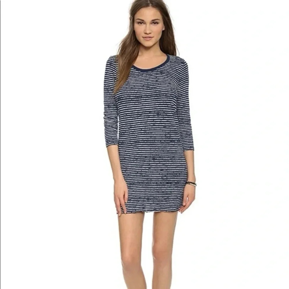 ATM Navy Blue & White Striped Raw Hem T Shirt Dress